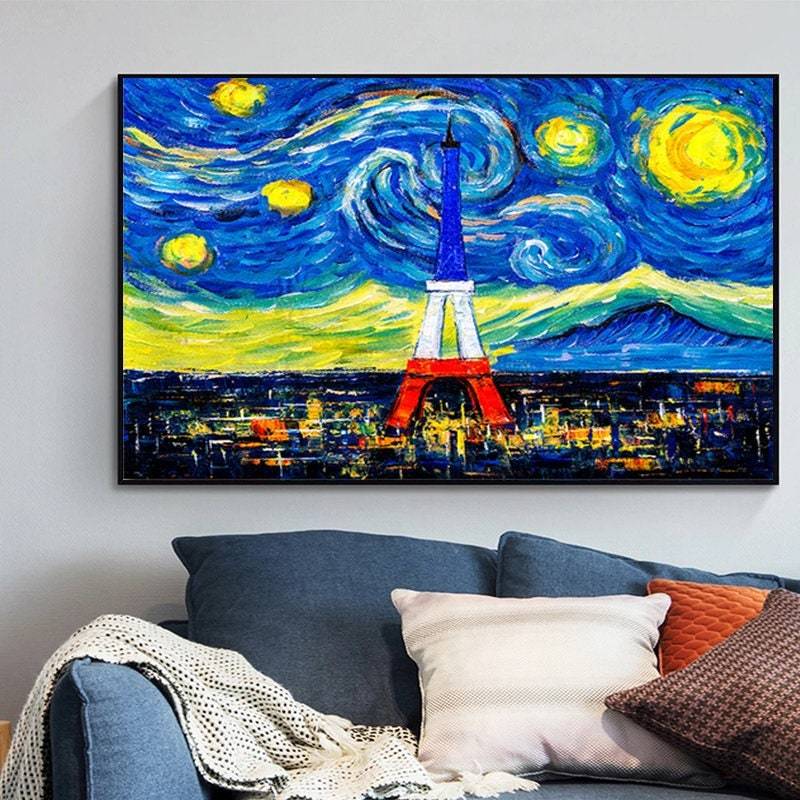 Paris Starry Night Canvas Poster Eiffel Tower France Flag French Van ...